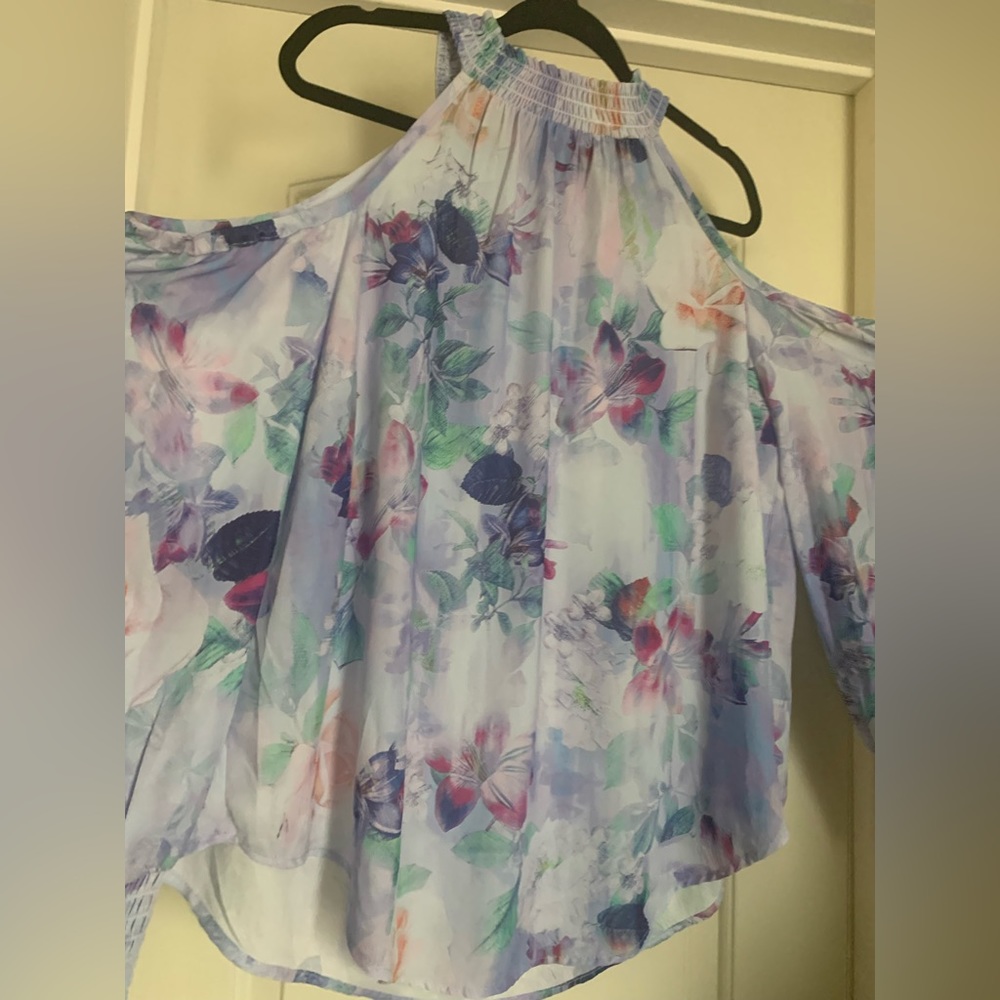 Georgette Smocked Neck Cold Shoulder Blouse - Picture 2 of 7